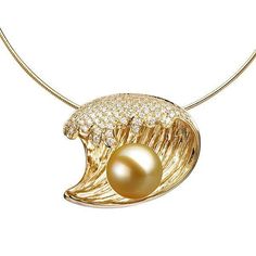 In this photo there is a yellow gold wave pendant with diamonds and one golden south sea pearl. Wave Pendant, Deep Emotions, Golden South Sea Pearls, Sea Pearl, Nalu, South Seas, South Sea Pearls, Sea Pearls, Tahitian Pearls