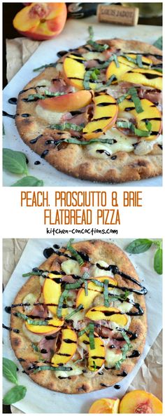 peach, prosciutto and brie flatbread pizza on a white plate