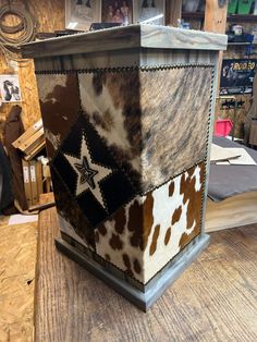 Cowhide & Pine Hamper made in the USA - Your Western Decor Western Shower Curtain, Western Bathroom Decor, Cowhide Decor, Western Bathroom, Western Crafts, Brindle Cowhide, Food Cat, Rustic Western Decor, Clothes Hamper