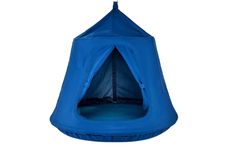 an inflatable blue tent hanging from a hook on a white wall with the door open