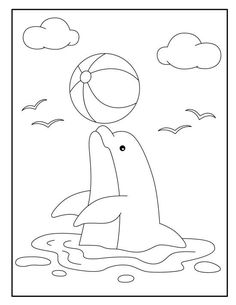 a dolphin playing with a ball in the water coloring page for kids, printable