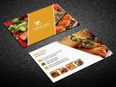 two business cards with different food items on them