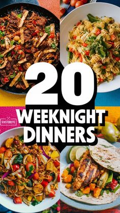 the cover of 20 weeknight dinners is shown with pictures of different foods and vegetables