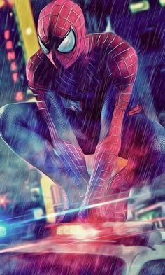 the amazing spider - man is on his knees in the rain