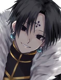 an anime character with black hair and blue eyes, wearing fur collared clothing while looking at the camera