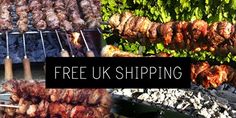 several different types of meats and skewers with the words free uk shipping