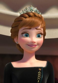 an animated character with blue eyes wearing a tiara