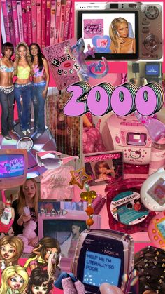 a collage of barbie dolls and other items with the words 2000 written on them