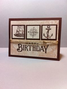 a happy birthday card with an anchor, ship, compass and globe on the front