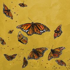 a group of orange and black butterflies flying in the air on a yellow background with gold flecks