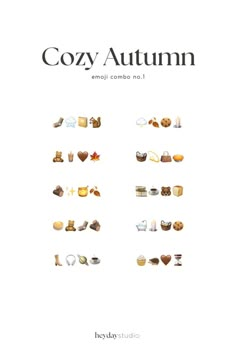 the book cover for cozy autumn, with an image of various items and words on it