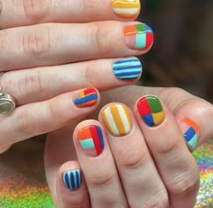 Simple Funky Nails, Very Short Nails Ideas, Primary Color Nails, Nail Halloween, Halloween Nail Art Ideas, Funky Nail Art, Mens Nails, Hippie Nails, Crazy Nails