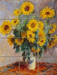 a painting of yellow sunflowers in a vase on a table with tiled walls