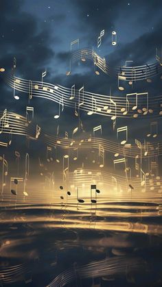 musical notes floating in the air over water