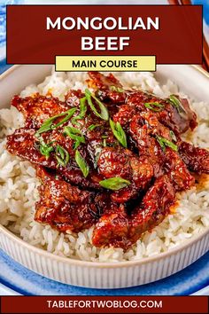 a bowl filled with meat and rice on top of a blue plate next to chopsticks