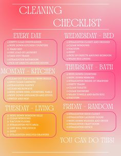 a pink and yellow poster with the words cleaning checklist