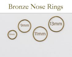 bronze nose rings are shown with measurements for each size and width, along with measuring tape