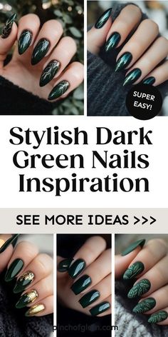 Fall Nail Designs Emerald Green, Forest Green With Gold Nails, Forest Green Tip Nails, Black Nails With Green French Tips, Green Shellac Nail Designs, First Green Nails, Nail Designs Dark Green And Gold, Holiday Nails Emerald Green, Matte Hunter Green Nails With Gold