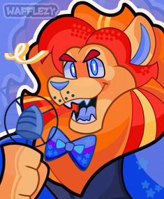 a cartoon lion wearing a bow tie and holding a microphone