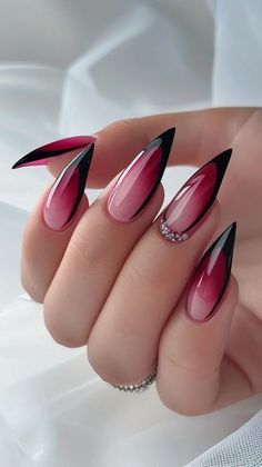 Kitana Inspired Nails, Unique Black Nail Designs, Pointy Acrylic Nails Designs, Gothic Fairy Nails, Easy Goth Nails, Witchy Nails Acrylic, Hades Nails, Dark Nail Designs Gothic, Dark Nails Inspiration