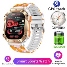 an image of a smart watch with different colors and designs on the screen, including gps tracker