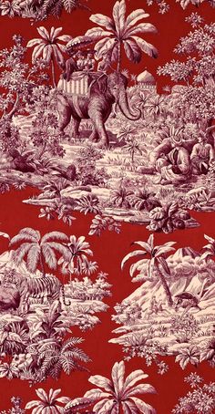 a red and white wallpaper with an elephant in the jungle on it's side