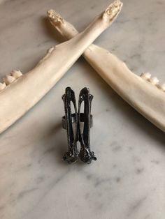 Solid sterling silver castings of crow carpometacarpus (wing) bones on a wide sterling silver ring. Wing Bones, Silver Casting, Bone Ring, Bone Jewelry, Silver Work, Sterling Silver Ring, Silver Pendant, Bones, Silver Ring