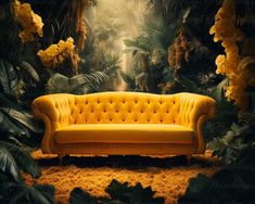 a couch sitting in the middle of a forest filled with yellow flowers and greenery