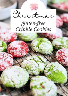 christmas gluten - free crinkle cookies on a cooling rack with text overlay