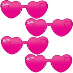 pink heart shaped sunglasses with the word barbie written on each pair in white lettering, set of 4