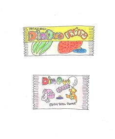 two drawings of candy bars with the words dinoo rive on them and an image of