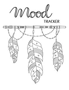 a black and white drawing of three feathers hanging from a line with the word mood tracker