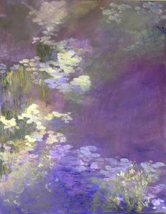 an oil painting of water lillies on a purple background