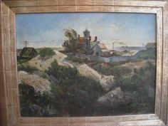 a painting on display in a wooden frame with an image of a house and trees