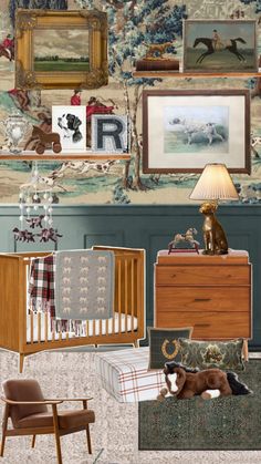 a baby's room is shown with wallpaper and pictures on the walls, including a crib