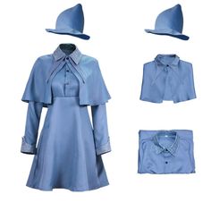 a blue dress and hat are shown in three different angles, including the collared shirtdress