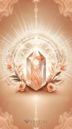 a crystal object surrounded by flowers and leaves on an orange background with the words crystal