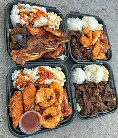 four plastic trays filled with different types of food and sauce on top of cement