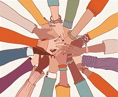 a group of people's hands in a circle with their fingers together and holding each other