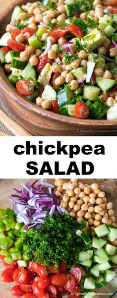 chickpea salad with tomatoes, cucumber and red onion in a bowl