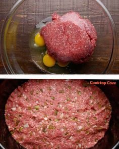 two pictures showing how to cook ground beef