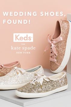 wedding shoes, found for kate spade new york are on display in front of a pink background