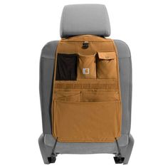 the back seat pocket is open and has two pockets on each side, with an attached belt