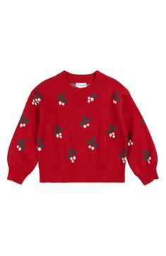 Help them spread holiday cheer in this jacquard-knit sweater cut from soft, comfortable organic cotton and patterned with festive mistletoe. Ribbed cuffs and hem 100% organic cotton Machine wash, tumble dry Imported Kids Christmas Sweaters, Sustainable Christmas, Jacquard Knit, Crewneck Sweater, Christmas Sweater, Kids Christmas, Holiday Cheer, Crew Neck Sweater, The Label