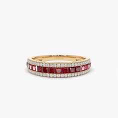 14k Half Eternity Square Ruby Anniversary Ring – FERKOS FJ Luxury Ruby Ring With Half Eternity Style, Ruby Wedding Band, Ruby Anniversary, Measure Ring Size, Multicolor Jewelry, Colored Stone Rings, Diamond Carat, Anniversary Bands, Wrap Rings