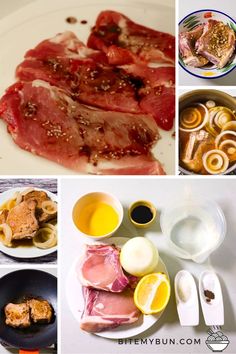 various pictures of food including meat, eggs and sauces