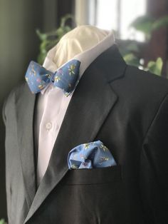 "* Simply Me * Gentlemen * Est. 2017 LLC * \"SIMPLY ME * GENTLEMEN::  BOW TIE AND COORDINATING POCKET SQUARE\" Dressed up or dressed down is how you can wear my handmade bow ties for all the men in your life. Be Dapper, Be Classy, Be a Gentleman is what my bow ties represent.  So Wear them Confidently, and Wear them with Pride.    Bow ties will never go out of style, but my goal is to have them integrated into menswear for everyday wear.  \"DESCRIPTION AND DETAILS\" You can look professional, st Be Classy, Blue Floral Print, Organic Cotton Fabric, A Gentleman, Suit And Tie, Tie And Pocket Square, Handmade Wedding, Bow Ties, Pocket Square