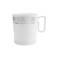 a white coffee cup with a silver stripe on the bottom and sides, sitting in front of a white background