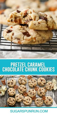 chocolate chip cookies with pretzel caramel are cooling on a wire rack and in the foreground, there is an image of