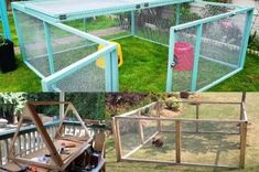 several pictures of various types of cages in the yard, including a chicken coop and a dog house